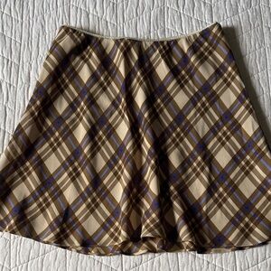 Reformation Beige and Brown Plaid A-Line Skirt with Blue Accents